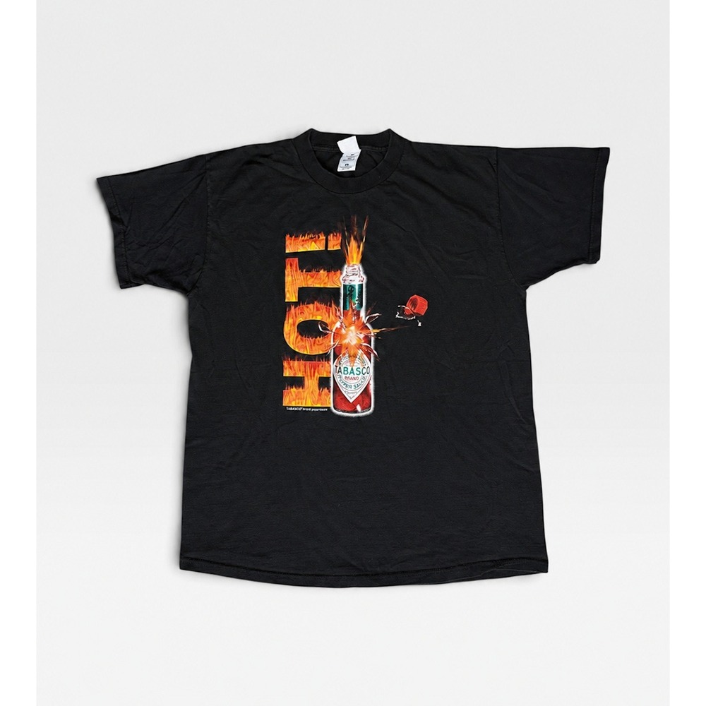 Vintage 90s Tabasco Hot Sauce T Shirt XL Black Fire Graphic Fruit of the Loom